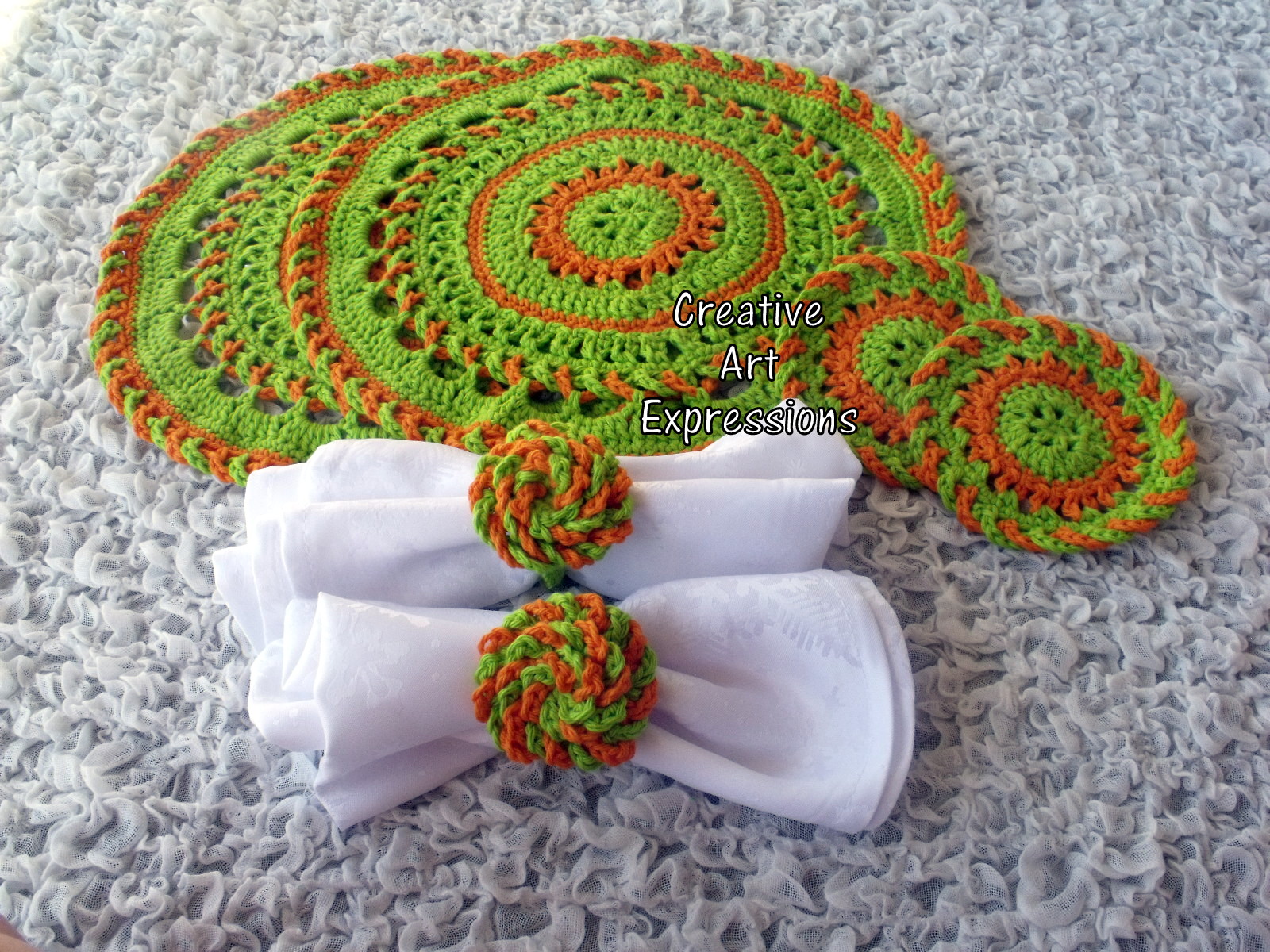 Bright Green Orange Crocheted Coasters Place Mats Napkin