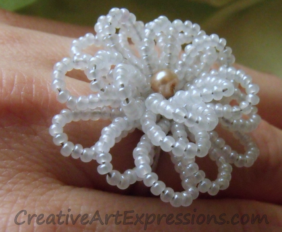 Creative Art Expressions Handmade White Seed Bead Flower Ring Jewelry