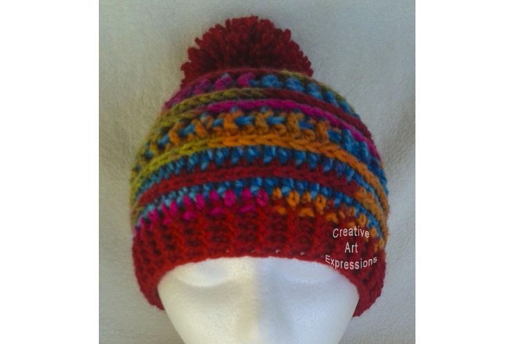 Bright Colored Hat Adult Teen Red Pom