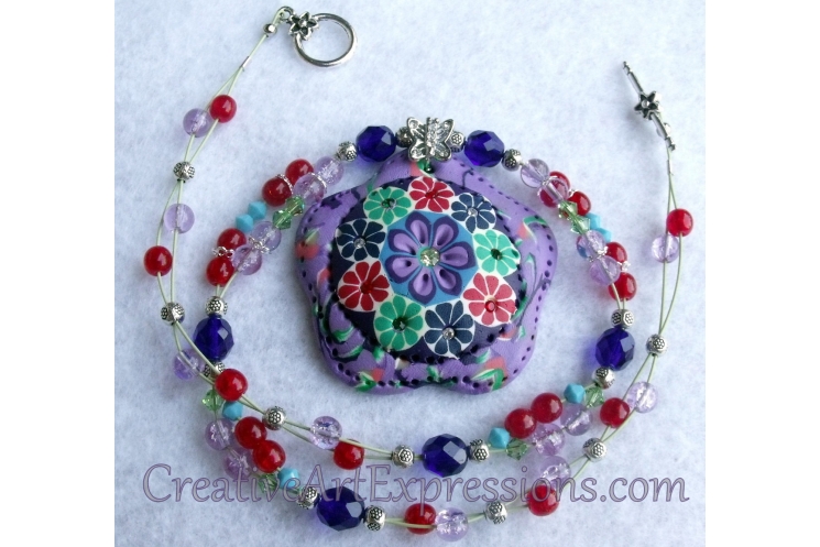 Creative Art Expressions Handmade Red Green Purple Blue Flower Beaded Necklace J