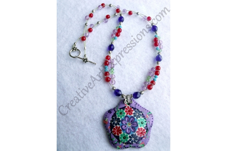 Creative Art Expressions Handmade Red Green Purple Blue Flower Beaded Necklace J