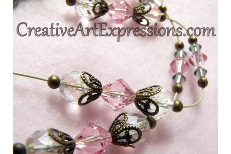 Creative Art Expressions Handmade Pink & Gold Crystal Flower Necklace Jewelry