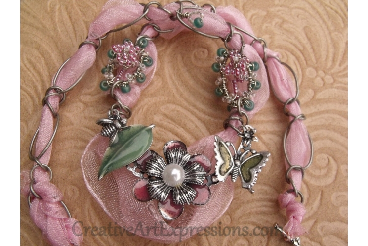 Creative Art Expressions Handmade Pink Wire Wrapped & Ribbon Necklace Jewelry