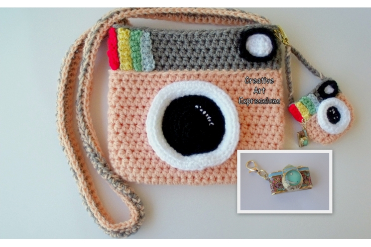 Peach & Gray Crocheted Camera Purse, Key chain & Charm