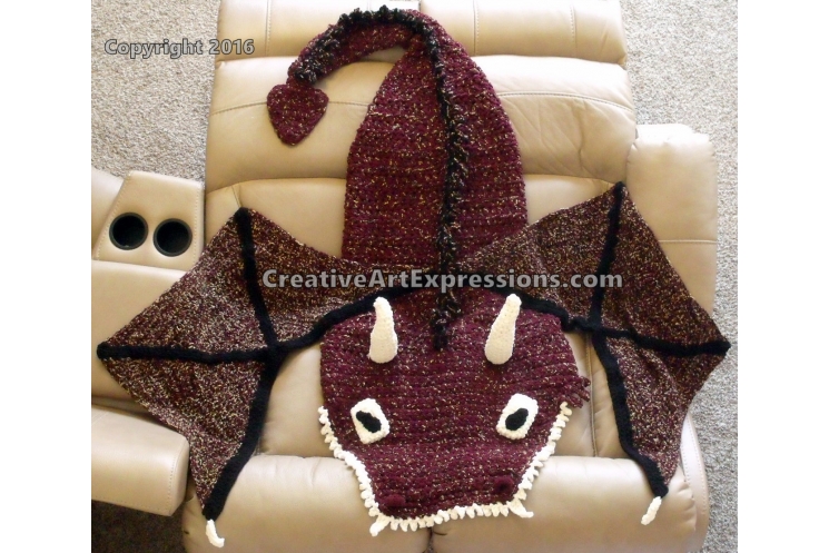 Dragon Blanket Crocheted Adult Teen Burgundy & Gold