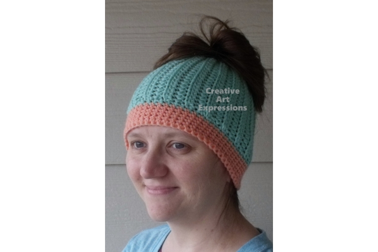 Adult Messy Bun Hat Aqua & Coral