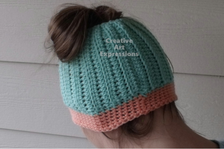 Adult Messy Bun Hat Aqua & Coral