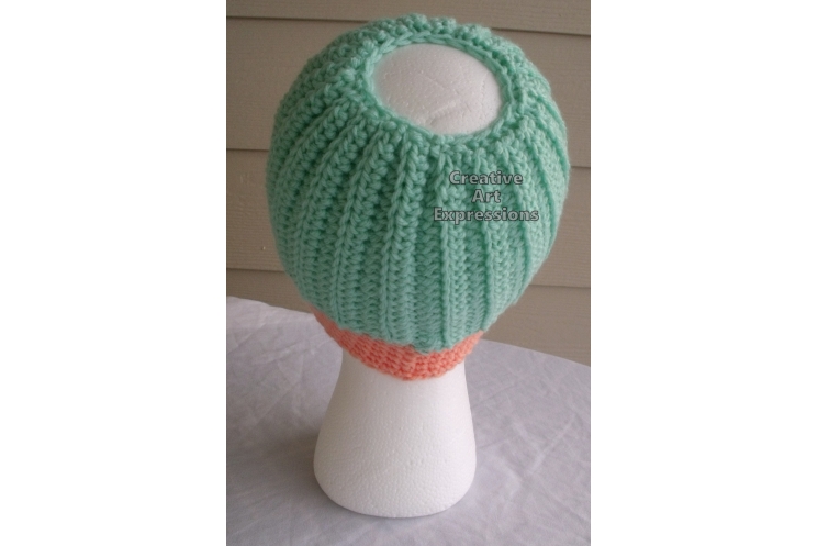 Adult Messy Bun Hat Aqua & Coral