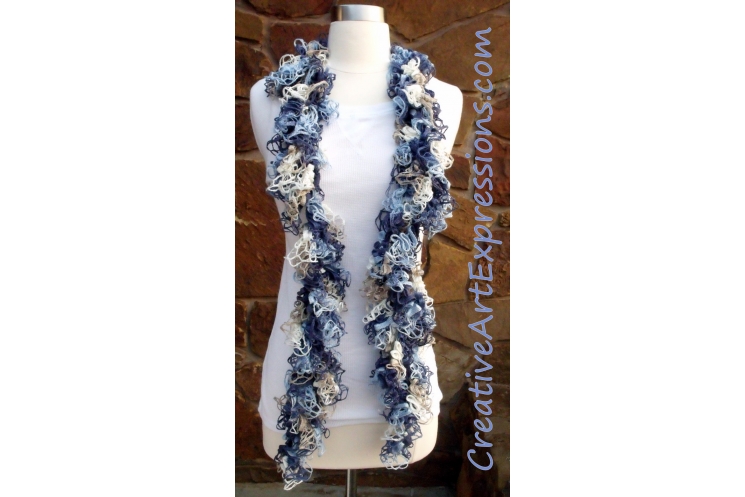 Creative Art Expressions Hand Crocheted Shades of Blue Grand Picots Scarf