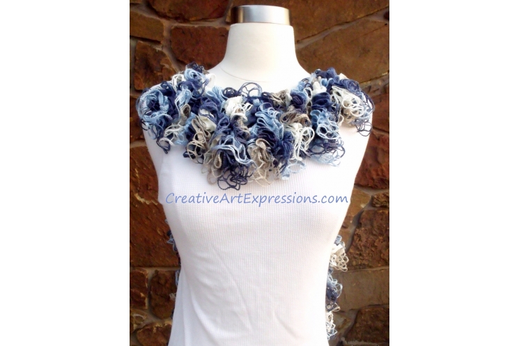 Creative Art Expressions Hand Crocheted Shades of Blue Grand Picots Scarf