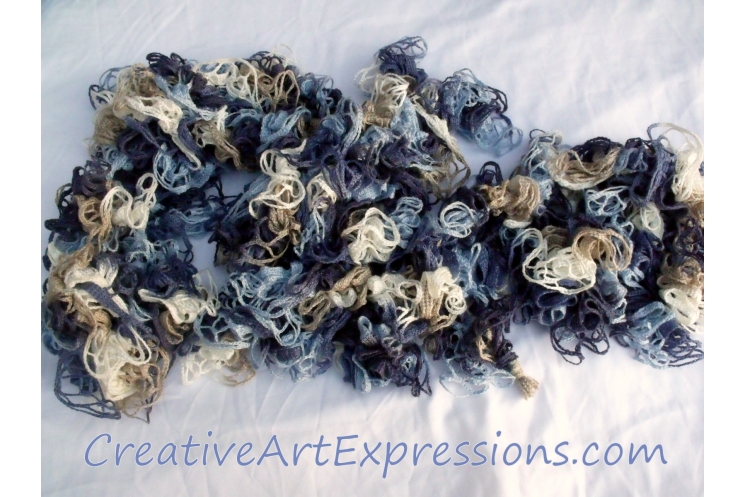 Creative Art Expressions Hand Crocheted Shades of Blue Grand Picots Scarf