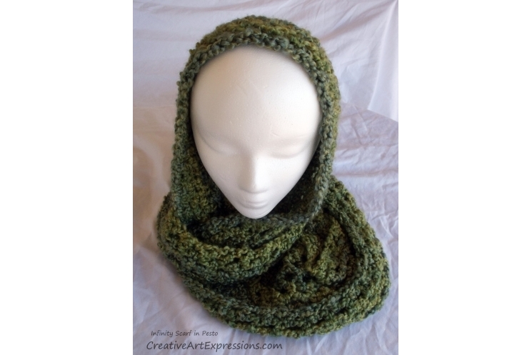 Crocheted Pesto Green Bulky Infinity Scarf