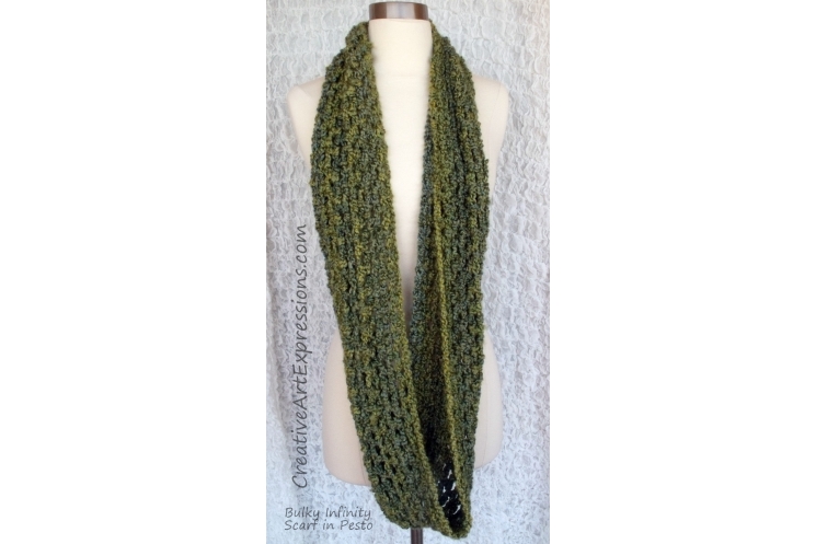 Crocheted Pesto Green Bulky Infinity Scarf