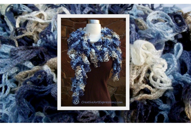 Crocheted Shades of Blue Grand Picots Scarf