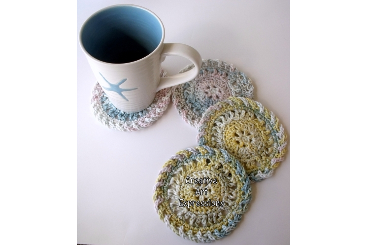 Pink Blue Yellow & Green Crocheted Coasters