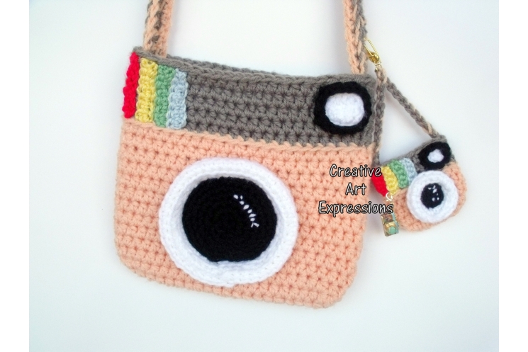 Peach & Gray Crocheted Camera Purse, Key chain & Charm