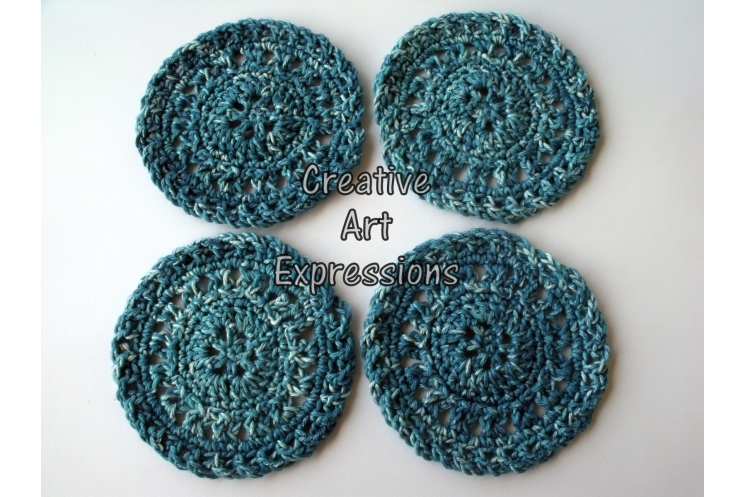 Set of 4 crocheted teal cotton coasters
