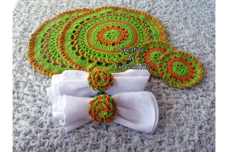 Place mat, coaster & napkin ring set in Bright Green & Orange