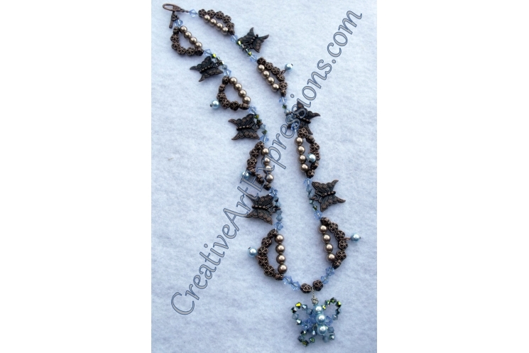 Creative Art Expressions Handmade Blue & Bronze Pearl Butterfly Necklace