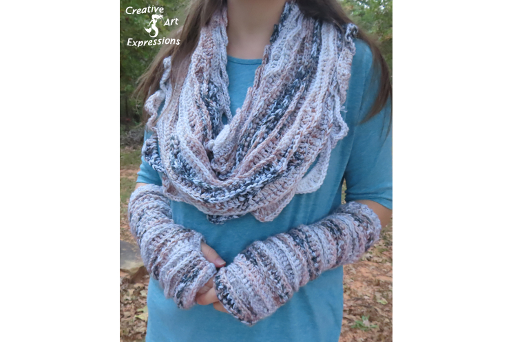 Sea Breeze Infinity Scarf & Long Fingerless Gloves in Sand Dunes Adult Teen