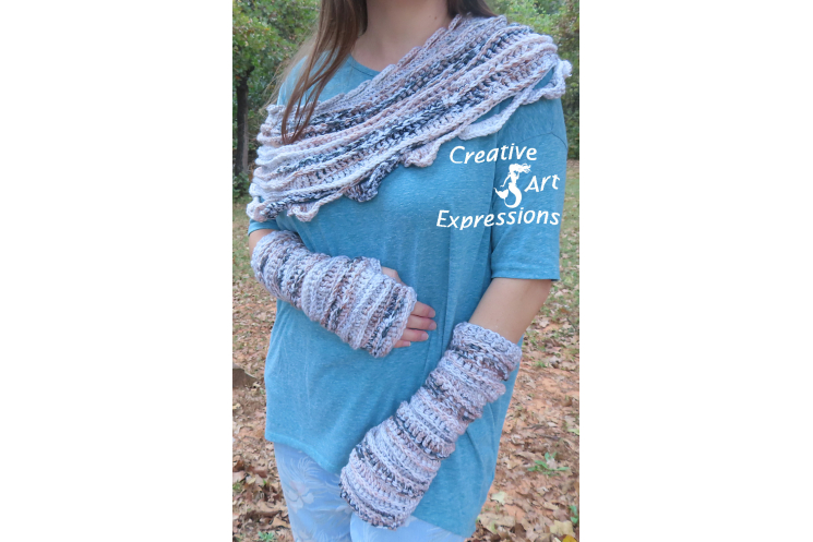 Sea Breeze Infinity Scarf & Long Fingerless Gloves in Sand Dunes Adult Teen