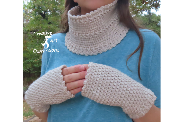 Crocheted Linen Colored Infinity Scarf & Gloves Set