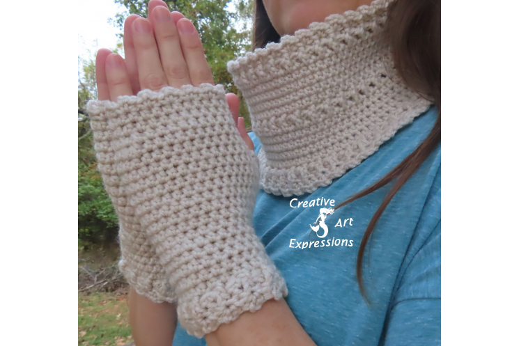 Crocheted Linen Colored Infinity Scarf & Gloves Set
