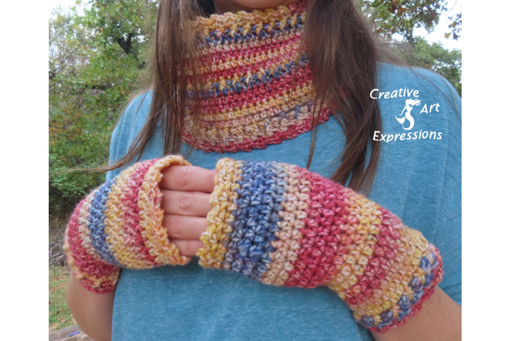 Red Blue & Yellow Scarf & Fingerless Glove Set Adult Teen
