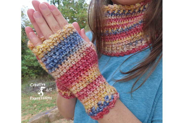 Red Blue & Yellow Scarf & Fingerless Glove Set Adult Teen