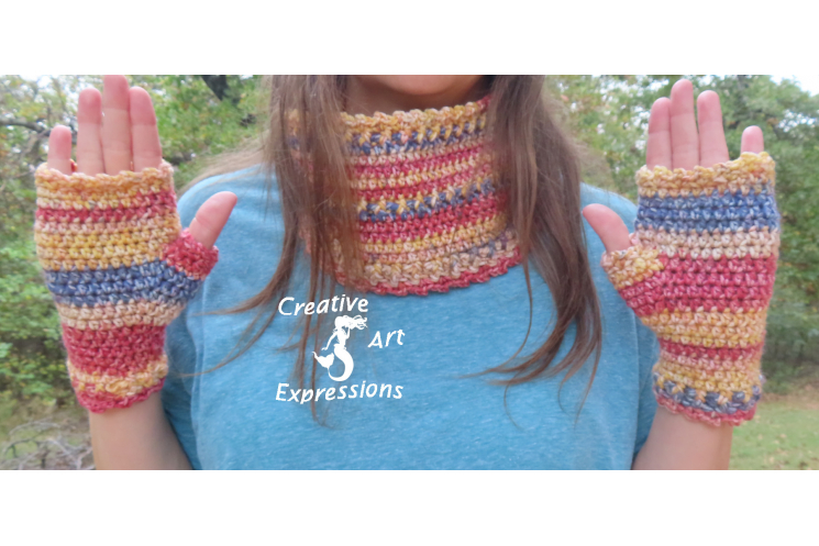 Red Blue & Yellow Scarf & Fingerless Glove Set Adult Teen