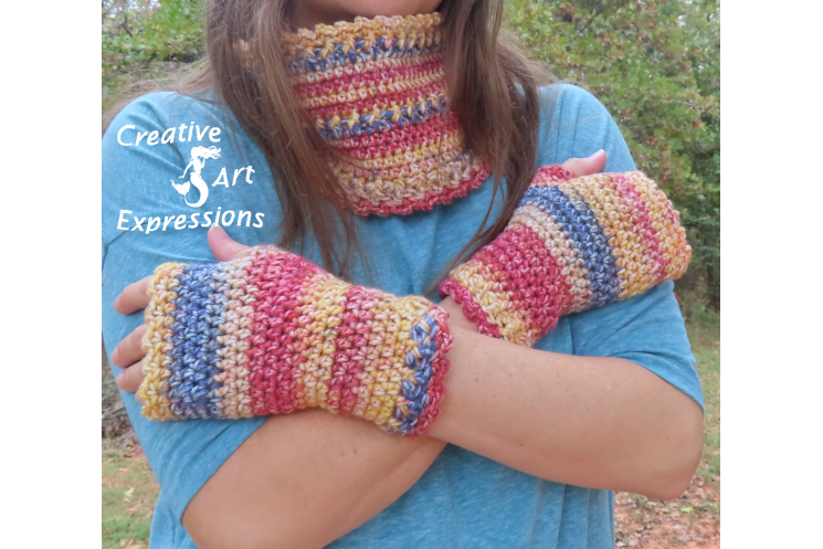 Red Blue & Yellow Scarf & Fingerless Glove Set Adult Teen