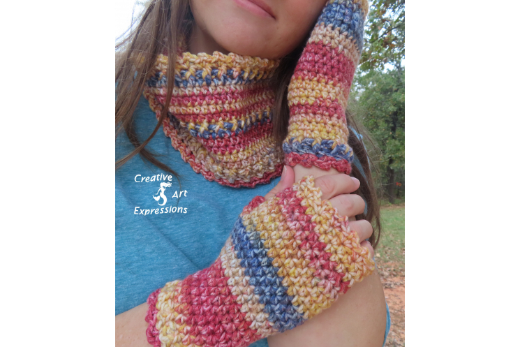 Red Blue & Yellow Scarf & Fingerless Glove Set Adult Teen