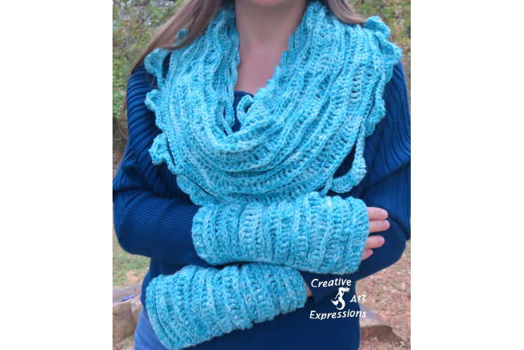 Sea Breeze Infinity Scarf & Fingerless Glove Set in Topaz Sea Adult Teen