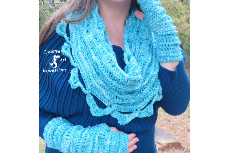 Sea Breeze Infinity Scarf & Fingerless Glove Set in Topaz Sea Adult Teen