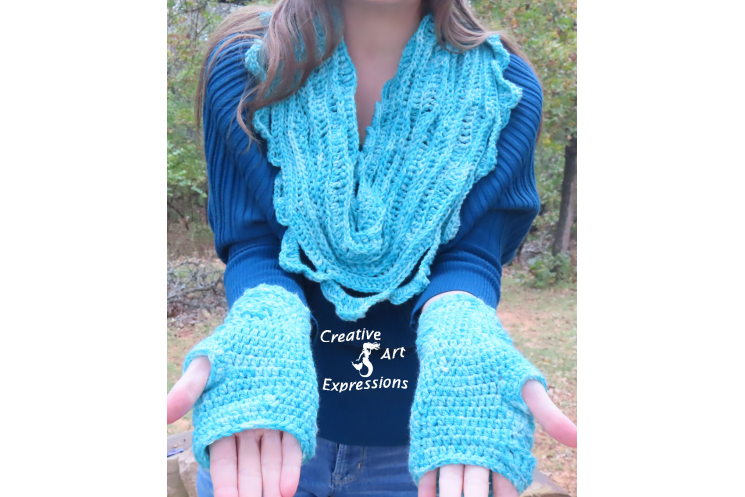 Sea Breeze Infinity Scarf & Fingerless Glove Set in Topaz Sea Adult Teen