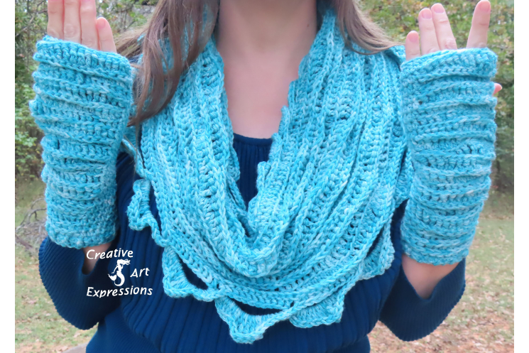 Sea Breeze Infinity Scarf & Fingerless Glove Set in Topaz Sea Adult Teen