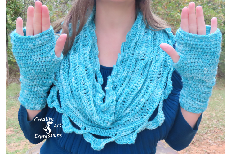 Sea Breeze Infinity Scarf & Fingerless Glove Set in Topaz Sea Adult Teen