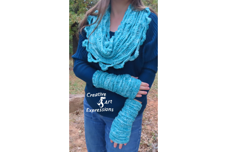 Sea Breeze Infinity Scarf & Fingerless Glove Set in Topaz Sea Adult Teen