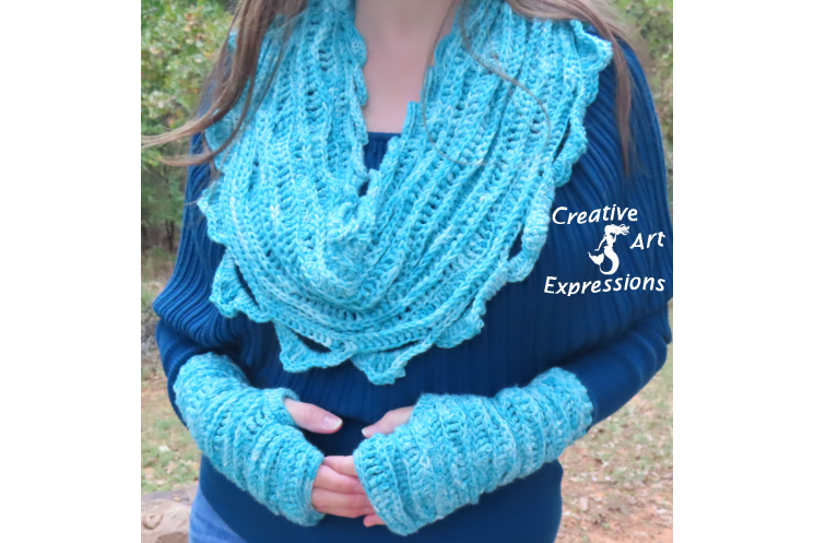 Sea Breeze Infinity Scarf & Fingerless Glove Set in Topaz Sea Adult Teen