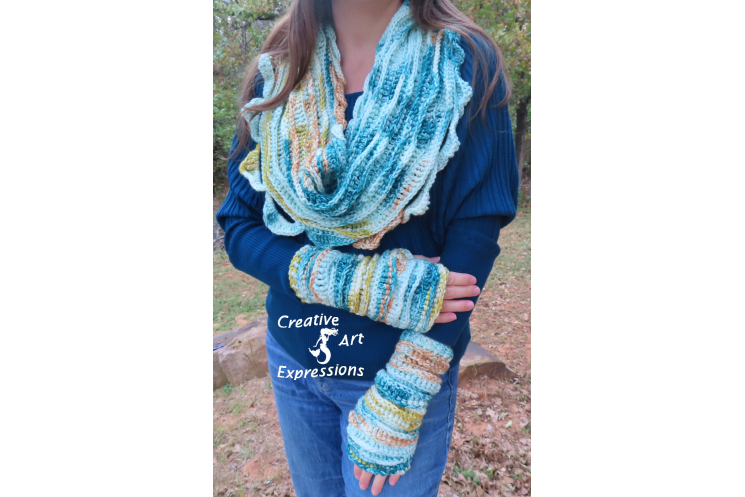 Sea Breeze Infinity Scarf & Glove Set in Teal Sunset Adult Teen