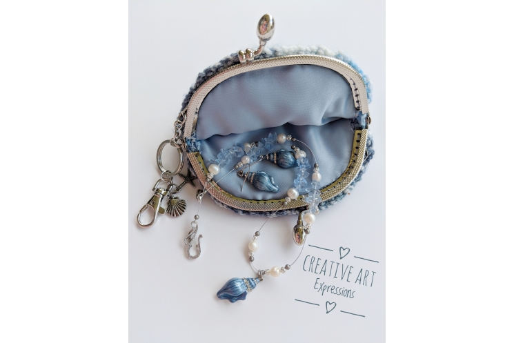 Seashell Coin Purse & Blue Pearl Necklace Set