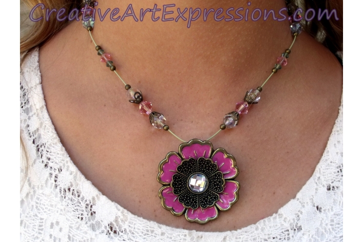 Creative Art Expressions Handmade Pink & Gold Crystal Flower Necklace Jewelry