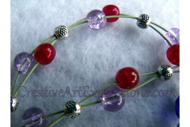 Creative Art Expressions Handmade Red Green Purple Blue Flower Beaded Necklace J