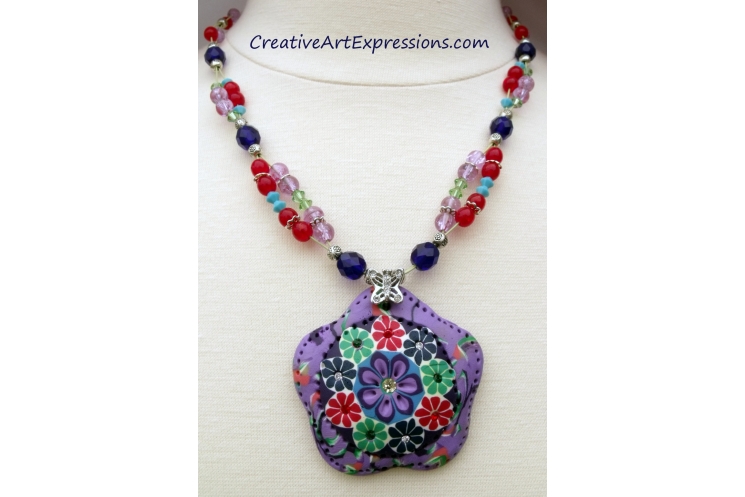 Creative Art Expressions Handmade Red Green Purple Blue Flower Beaded Necklace J