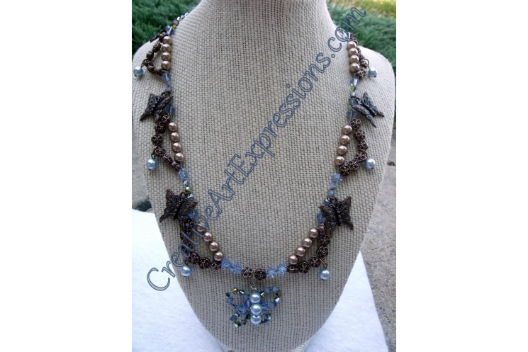 Creative Art Expressions Handmade Blue & Bronze Pearl Butterfly Necklace