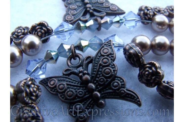 Creative Art Expressions Handmade Blue & Bronze Pearl Butterfly Necklace