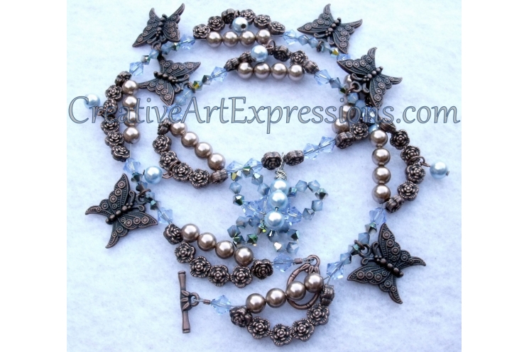 Blue & Bronze Pearl Butterfly Necklace