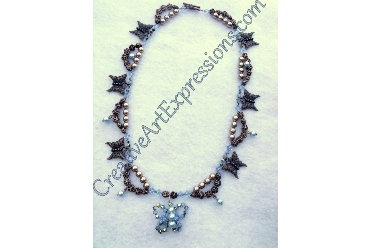 Blue & Bronze Pearl Butterfly Necklace
