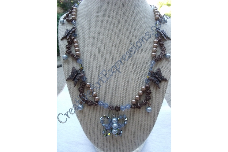 Blue & Bronze Pearl Butterfly Necklace