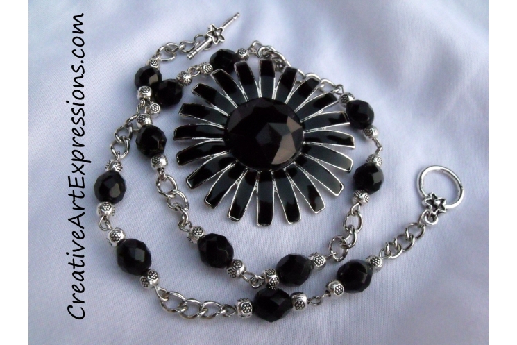 Creative Art Expressions Handmade Black & Silver Zinnia Necklace Jewelry Design